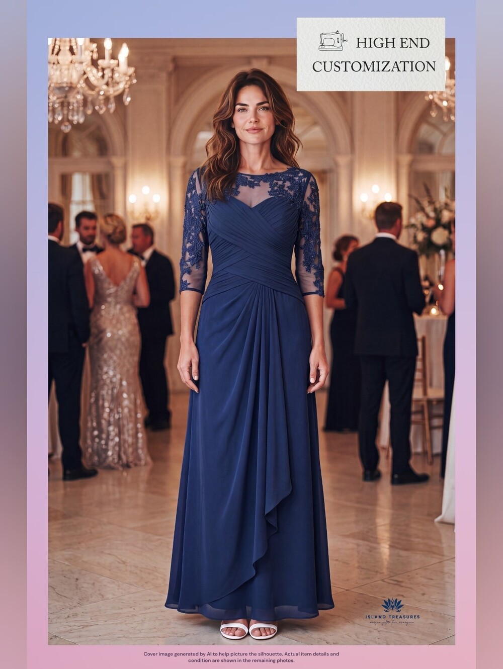 NWT Elegant Navy Blue Lace Up Back Pleated Chiffon Evening Gown Dress Size 14/XL - Picture 1 of 16